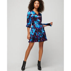 White House Black Market Petites
Silk Godet Mini Flounce Dress Blue/Purple $200